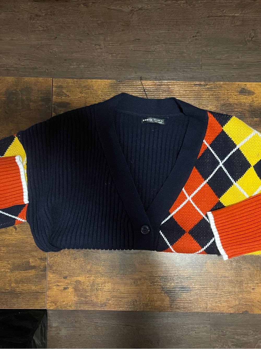 Shein Navy Ribbed Sweater with Orange & Yellow Argyle Sleeves